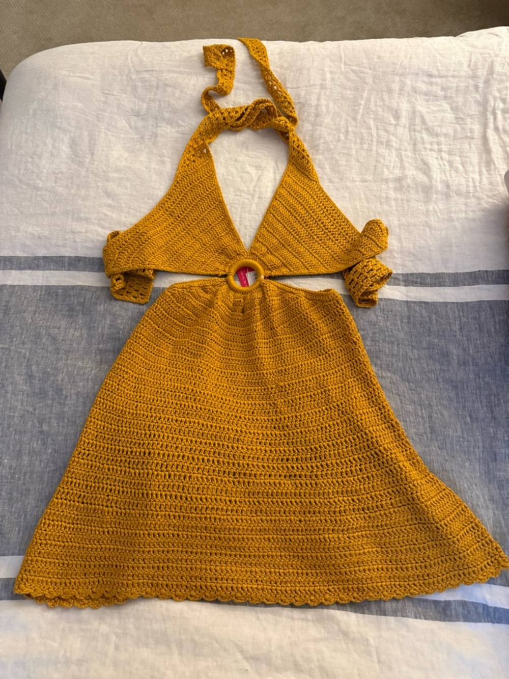 Beginning Boutique Mustard Yellow Crochet Halter Dress